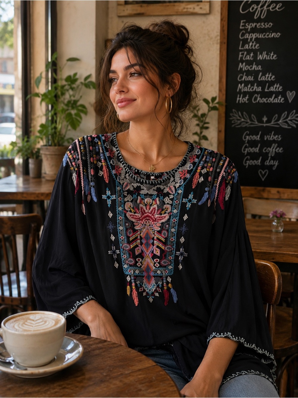 Black Embroidered Boho Tunic with Multicolor Yoke - Women's